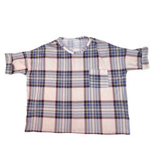 Top Womens Small Boyfriend Style Oversized Tartan Plaid Relaxed Soft Knit Shirt